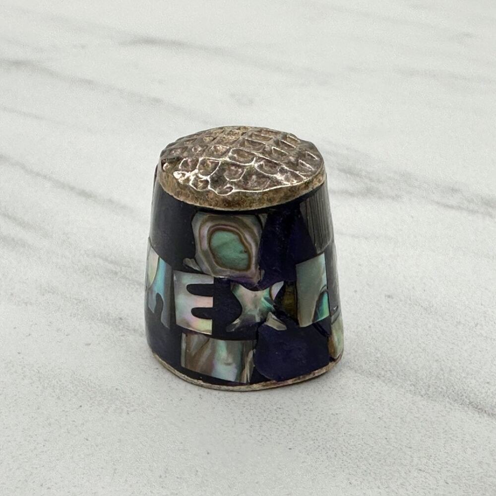 Vintage Alpaca Mexico Abalone Shell Purple Inlay Silver Tone Thimble ✨